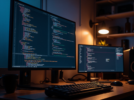 程序员正在编写代码的工作台，多台显示器显示编程界面，键盘鼠标，整洁的办公桌，专注工作氛围